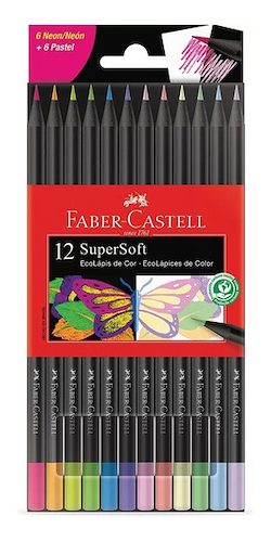 FABER CASTELL Lapices De Colores Super Soft x 12 Neon + Pastel Escritura Artistica