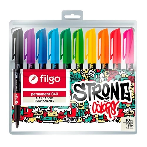 FILGO Marcador Strong Colors x10 Permanente punta fina 1.0 mm - 10 colores