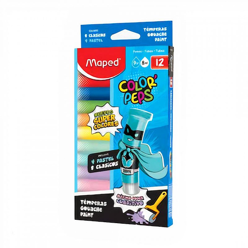 MAPED Tempera X 12 - 8 Clasicos + 4 Pasteles Arte Escolar