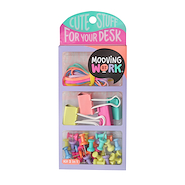 MOOVING Kit 3 en 1 Mania Purple Rubber bands, binder clips 25mm y push pin