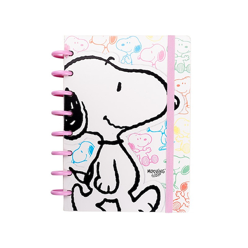 MOOVING Cuaderno Loop a Discos Snoopy 3 Caratulas+ Stickers+80 hjs. Rayadas+Stencil+Sobre Plastico