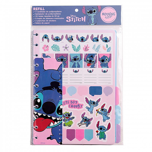 MOOVING Repuesto Cuaderno a Discos Stitch A4 20hsj. Rayadas+ 3 Caratulas+Señalador+ 6 Planers+ Stickers