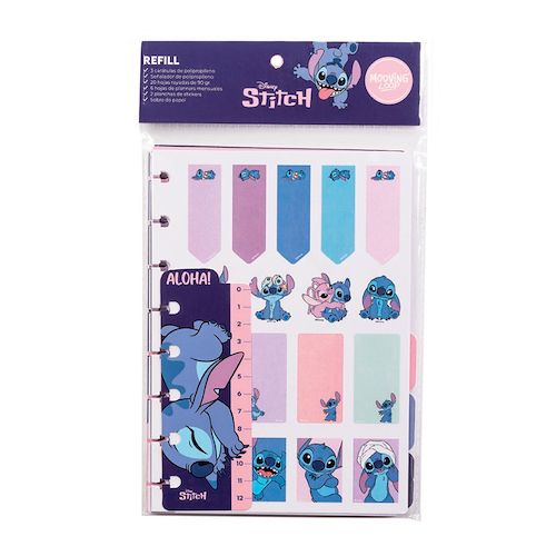 MOOVING Repuesto Cuaderno a Discos Stitch A5 20hsj. Rayadas+ 3 Caratulas+Señalador+ 6 Planers+ Stickers
