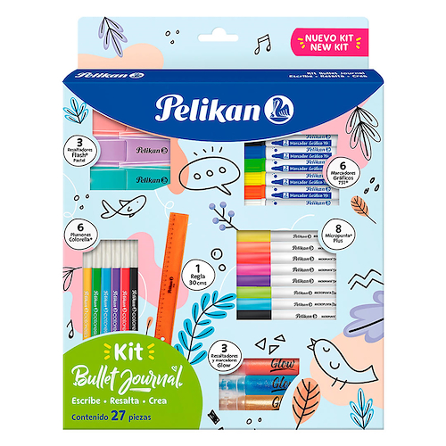 PELIKAN Kit Bullet Journal x 27 Piezas Plumones+Resaltadores+ Marcadores Glow+Microfibras+Regla