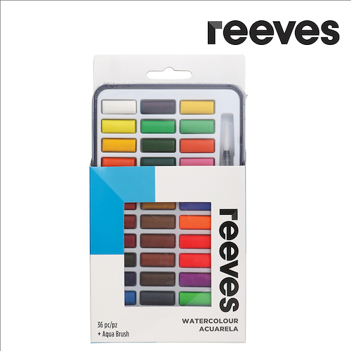 REEVES Acuarelas x 36 Pastilla Estuche Lata + Pincel Deposito de Agua