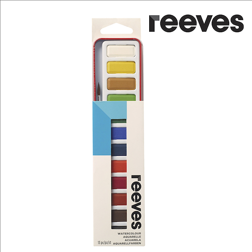 REEVES Acuarelas x 12 Pastillas Estuche Lata + Pincel