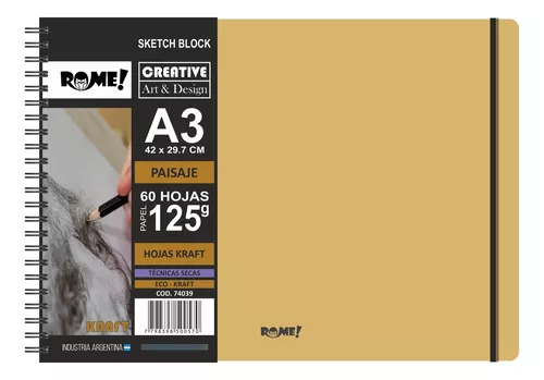 ROME Cuaderno A3 Sketch EcoKraft 125g Técnicas Secas / 60 hojas