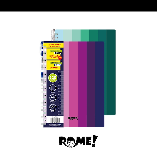 ROME PACK AHORRO 2 cuadernos Rayado A4 2 cuadernos + 2 lapiceras 120 hjs 70 grs