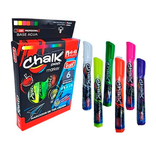 TRABI Chalk Pop x 6  Recargables Marcador de Tiza Liquida 2 Puntas Intercambiables
