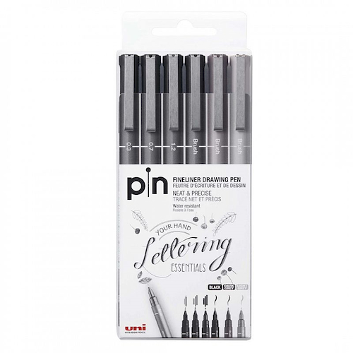 UNIBALL Marcador UniPin Set x 6 Lettering Essential 0.3, 0.7, 1.2. Brush x 3