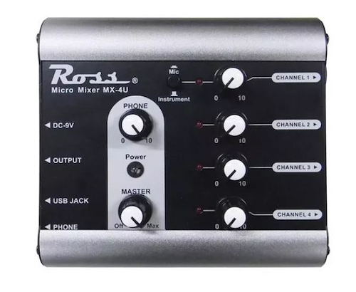 Micro Mixer, 4Ch, 1Mic+3 Instr, Usb MX-4U ROSS PA
