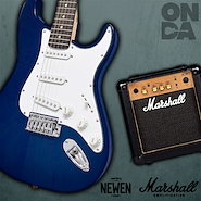 MARSHALL MG 10 CF Gold/NEWEN ST Blue Wood Combo Marshall 10 wat.- 2 can/Guitarra Newen Stratocaster