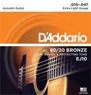 Encordado para Acústica 80/20 Bronce Extra Light 010 DADDARIO EJ10