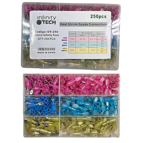 Infinity Tech Kit Terminales Set De Acoples 250 Piezas , Heat Shrink Spade - $ 22.362