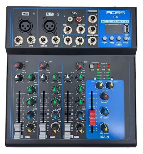 ROSS PA F-4 Mixer | 5 canales | 2 XLR/TRS + 2 TRS | Bluetooth | Reproduc