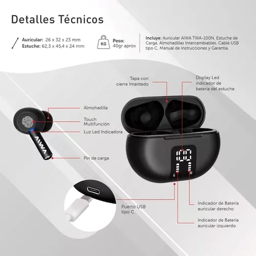 AURICULARES INALAMBRICOS BLUETOOHT 5.3-TOUCH MULTIFUNCION AIWA TWA-100N miniatura