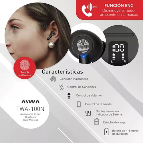AURICULARES INALAMBRICOS BLUETOOHT 5.3-TOUCH MULTIFUNCION AIWA TWA-100N miniatura