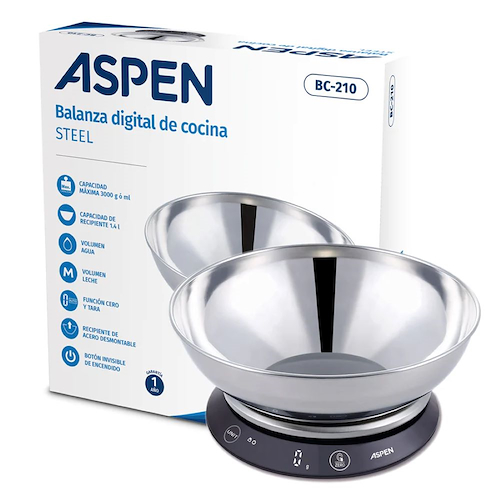 BALANZA COCINA SILVER-DIGITAL-3KG-CON BOWL-DE ACRILICO ASPEN BC220