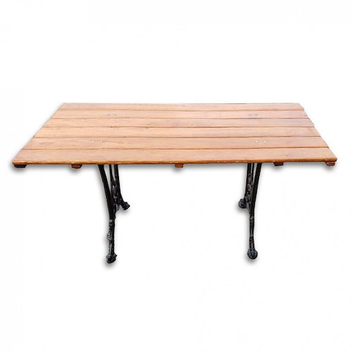 MESA JARDIN DE HIERRO-GRANDE-BARNIZ150X67CM-TABLAS DE MADERA BUCCI MJG