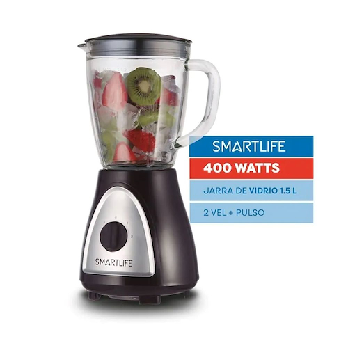 LICUADORA-NEGRO-ACERO-1.5LTS-400W-2 VEL+ PULSO VASO VIDRIO SMARTLIFE BL1008BPN
