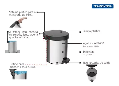 CESTO DE BASURA 5LTS-ACERO CON TAPA Y PEDAL TRAMONTINA NEW5 miniatura