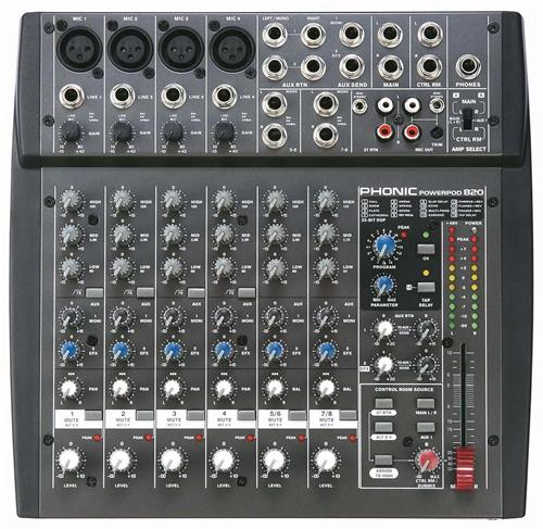 Mixer Potenciada 28 Canales 100+100W, 4Xlr/Linea + 4 St Dfx PHONIC POWER 820