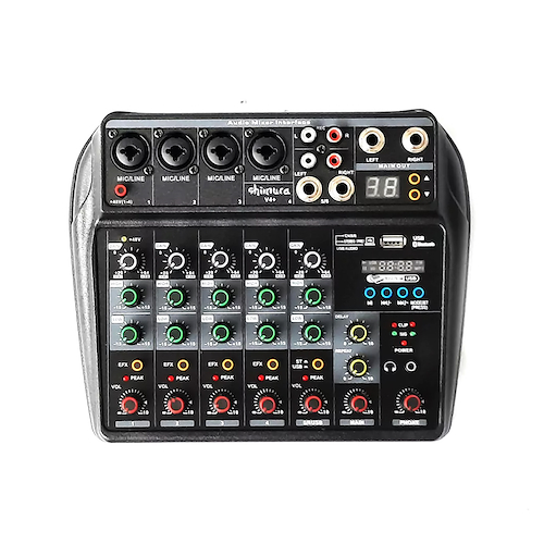 Mixer 6 Canales 4 Mic 1 Line Stereo, Phantom, USB SHIMURA V4+