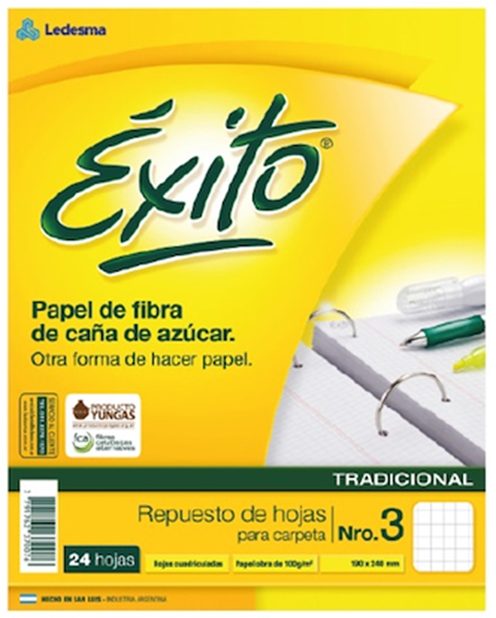 REPUESTO ESCOLAR N°3 EXITO 24 HOJAS CUADRICULADAS - $ 1.800