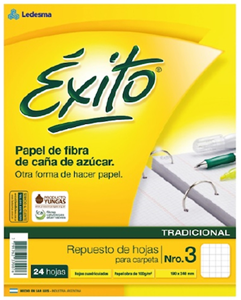 REPUESTO ESCOLAR N°3 EXITO 24 HOJAS CUADRICULADAS