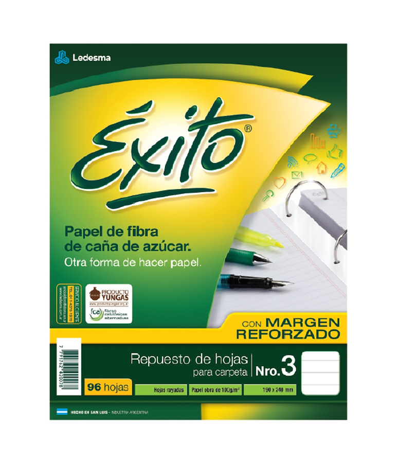 REPUESTO N°3 NAT REFORZADO X 96 Hjs - RAYADO EXITO 96 HOJAS RAYADAS - $ 8.500