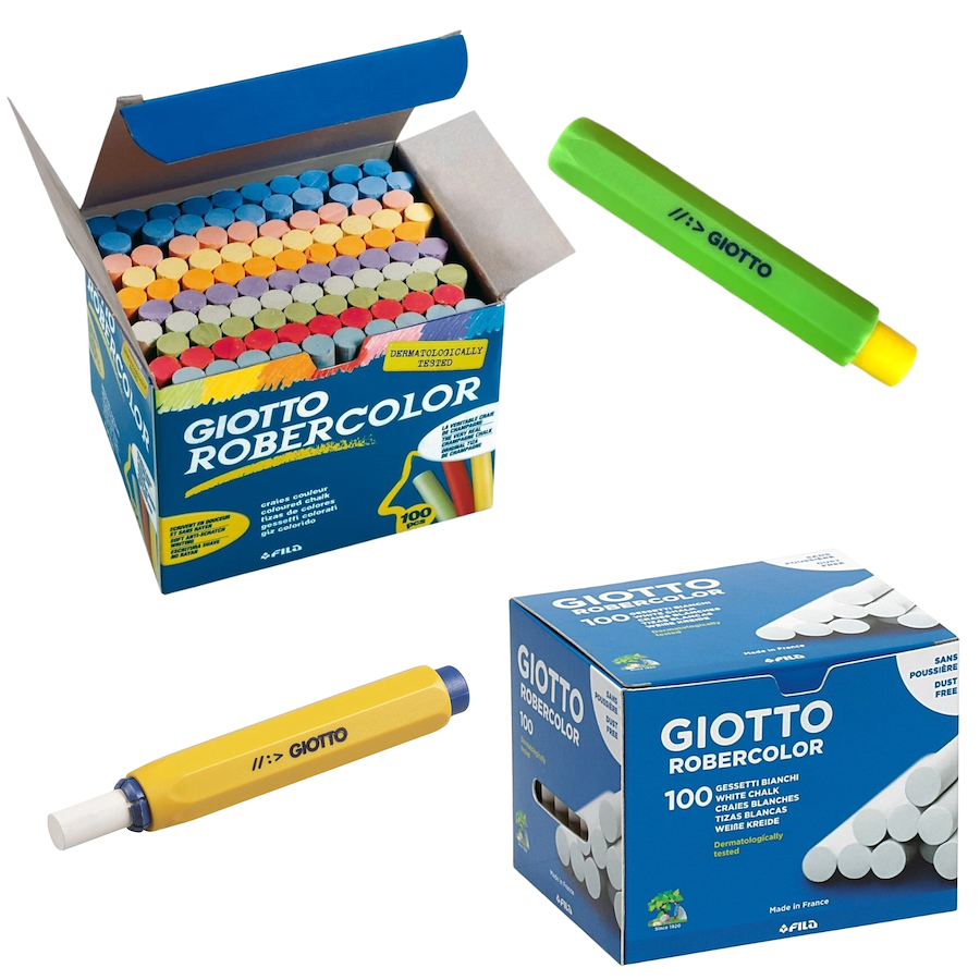 KIT GIOTTO TIZA X 100 COLOR + 100 BLANCA + 2 PORTA TIZA - $ 22.050