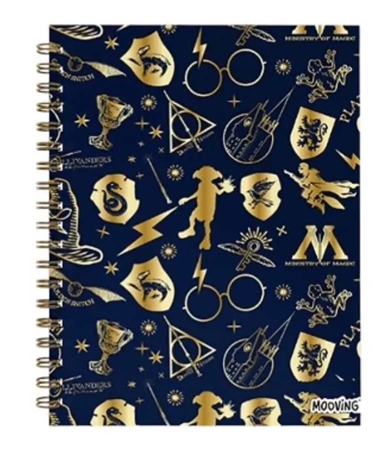 CUADERNO TAPA DURA ESPIRAL - 80 Hjs RAYADO MOOVING HARRY POTTER - AZUL DORADO - $ 12.000