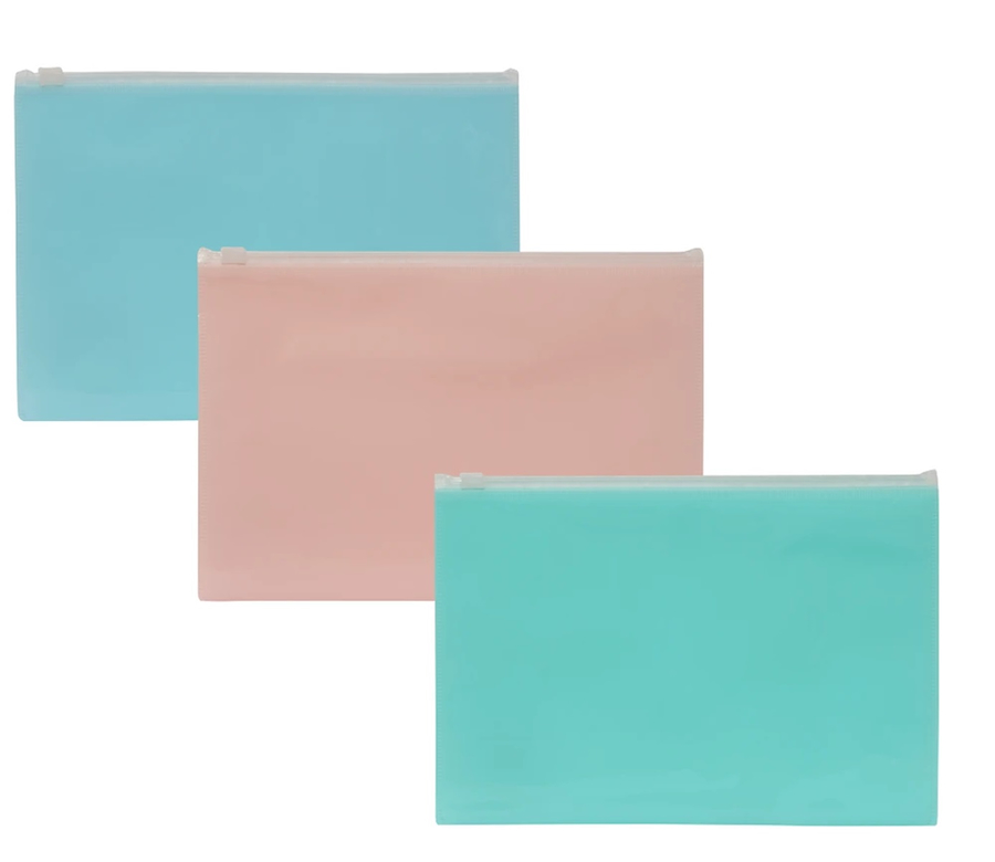 SOBRE PLASTICO A5 CON CIERRE ZIPPER - COLOR PASTEL RIDEO - $ 1.500