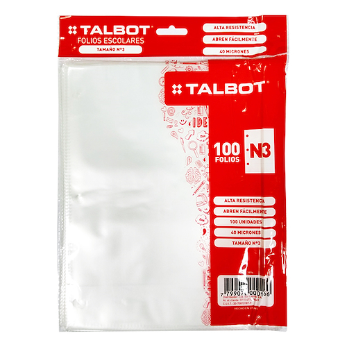 FOLIO ESCOLAR POLIPROPILENO x100u TALBOT - $ 5.500