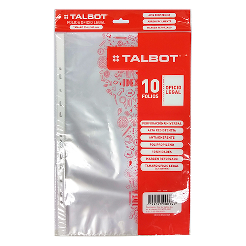 FOLIO OFICIO POLIPROPILENO x10u TALBOT - $ 1.400