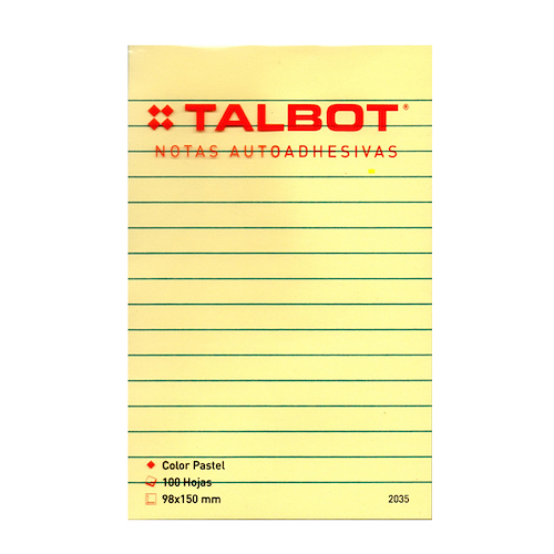 NOTAS AUTOADHESIVAS 96x150mm x 100h AMARILLA RAY. TALBOT - $ 2.800