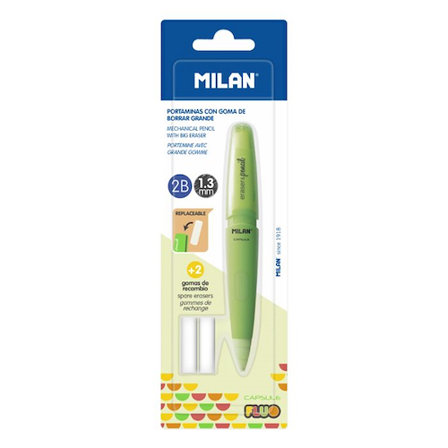 PORTAMINAS MILAN 1,3 CAPSULE FLUO + 2 GOMAS BLISTER TRABI - $ 3.900