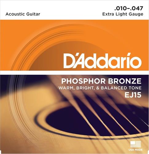 DADDARIO Strings EJ15 - Phosphor Bronze - 10/47 Extra Light Encordado p/Guitarra Acústica
