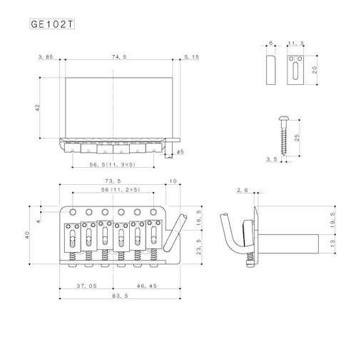 GOTOH GE102T CR  11.3mm Macizo Vibrato Strato 6Tornillos
